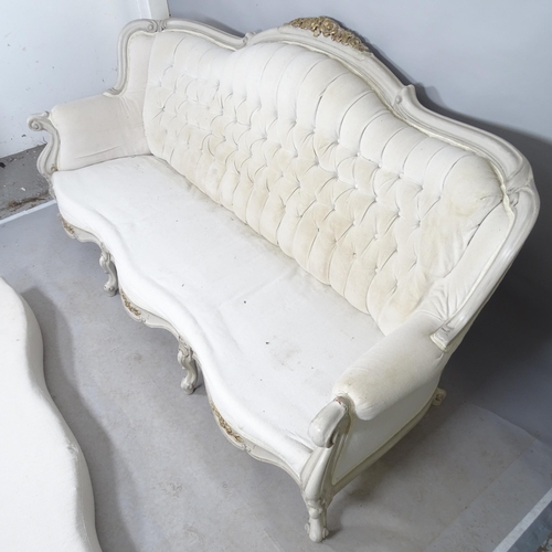 2602 - A modern painted wood and upholstered louis XV style salon settee. Overall 215cm x 105cm x 102cm