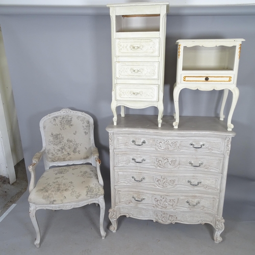 2603 - WITHDRAWN - A continental style painted chest of four drawers with carved decoration raised on cabri... 