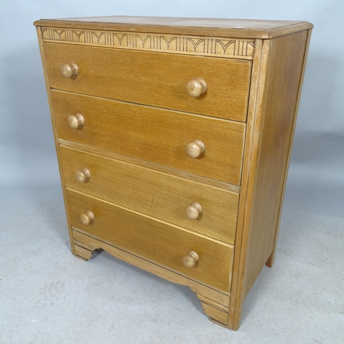 2617 - A mid-century teak chest of four long drawers, with label for Lebus. 78cm x 93cm x 45cm