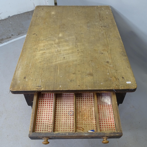 2633 - A vintage stained pine farmhouse kitchen table with end freeze drawer. 104cm x 74cm x 74cm