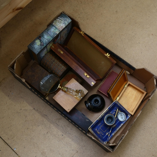 201 - Various boxes, Victorian inkwell, a T G Good & Company Spode desk stand etc