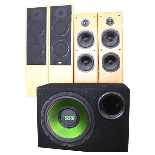 211 - A Fusion Encounte amp FE-402 sub-woofer, a pair of TDL floor standing loud speakers, model Nucleus K... 