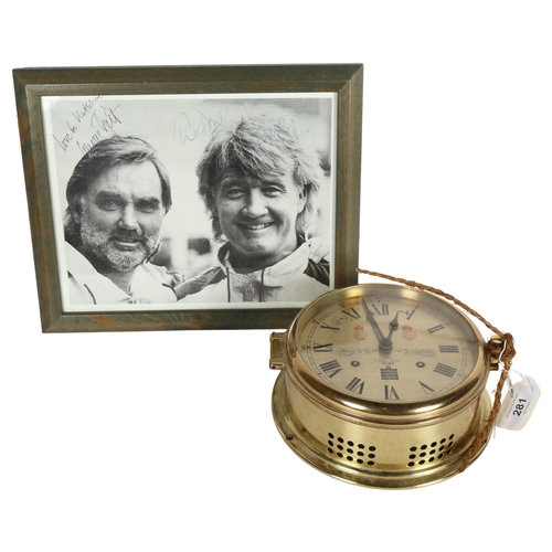 281 - A S E Wills ship's mast clock, and a signed photograph by footballers George Best and Rodney Marsh (... 