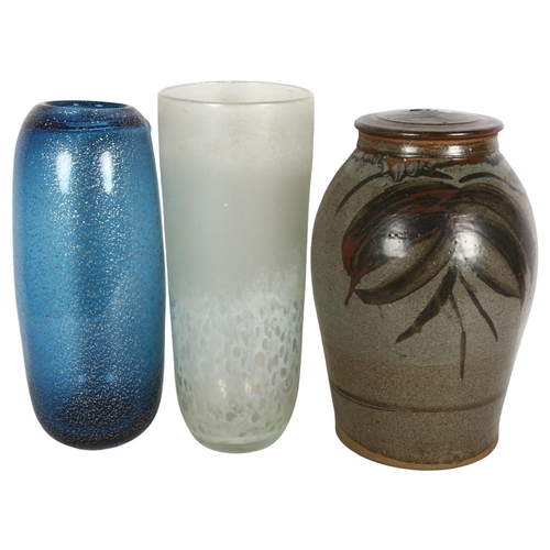 299 - A Studio pottery jar and cover, with stylised decoration, 2 Art glass vases, tallest 35cm