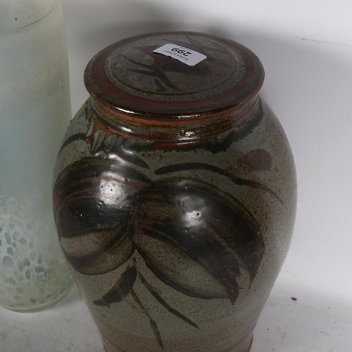 299 - A Studio pottery jar and cover, with stylised decoration, 2 Art glass vases, tallest 35cm