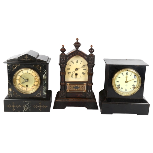 312 - An American Ansonia Clock Company black metal-cased mantel clock, a Victorian black slate mantel clo... 