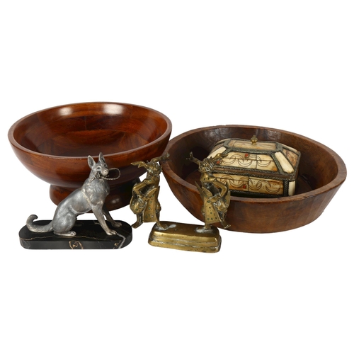 327 - A group of Oriental items, including 2 turned wood bowls, Thai bronze figurines, and a jewellery box... 