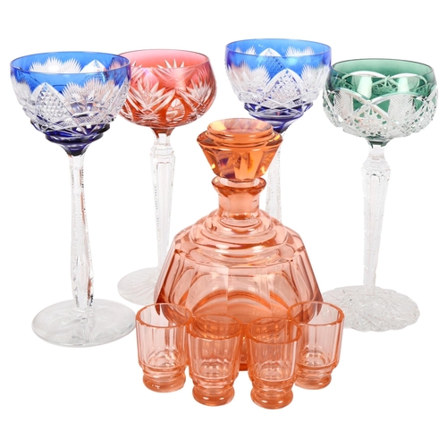 331 - A French 1930s peach glass decanter and 4 shot glasses, 4 overlay Hock glasses, largest height 20cm ... 