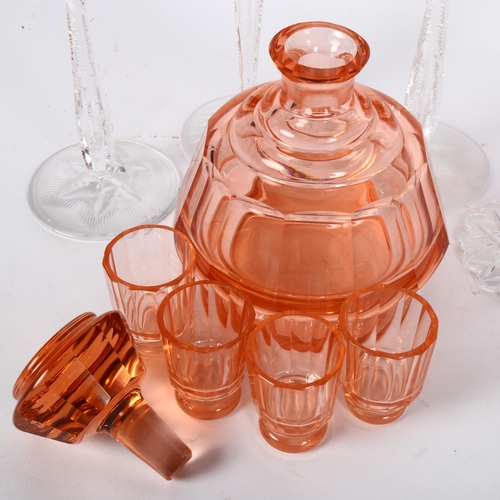 331 - A French 1930s peach glass decanter and 4 shot glasses, 4 overlay Hock glasses, largest height 20cm ... 