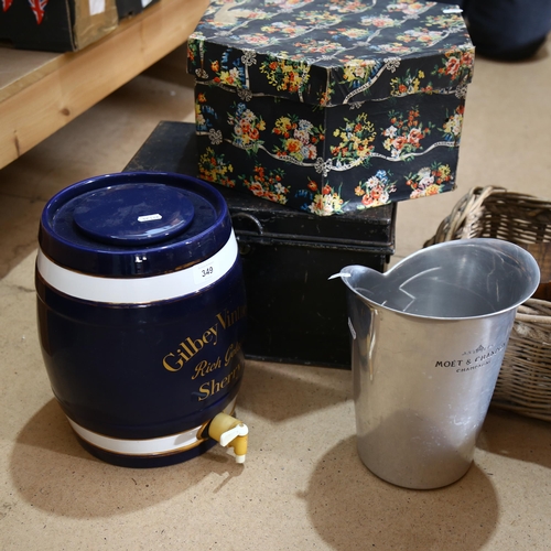 349 - A Vintage ceramic Gilbey Vintners Rich Golden Sherry bowl, a Vintage hat box, Champagne bucket, wood... 