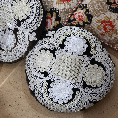 353 - A pair of Iranian woolwork and embroidered cushions with inset pearls, a group of 4 Vintage embroide... 