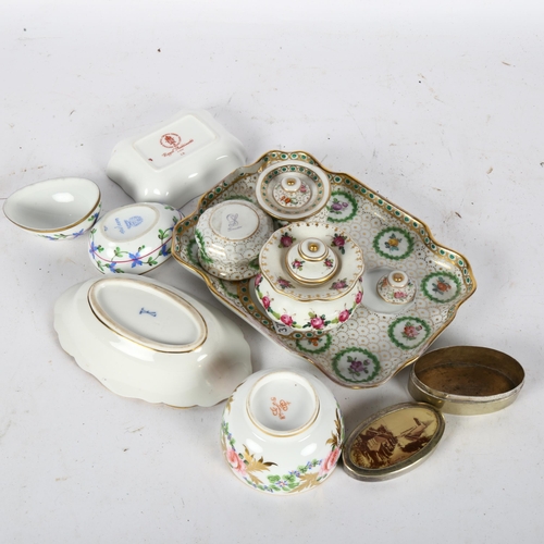 408 - A Dresden desk stand, 19cm across, Herend egg box, Royal Crown Derby trinket dish and small bowl, Me... 