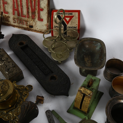 409 - Newcastle Brown Ale metal sign, California plate, and a box of various items including a letter plat... 