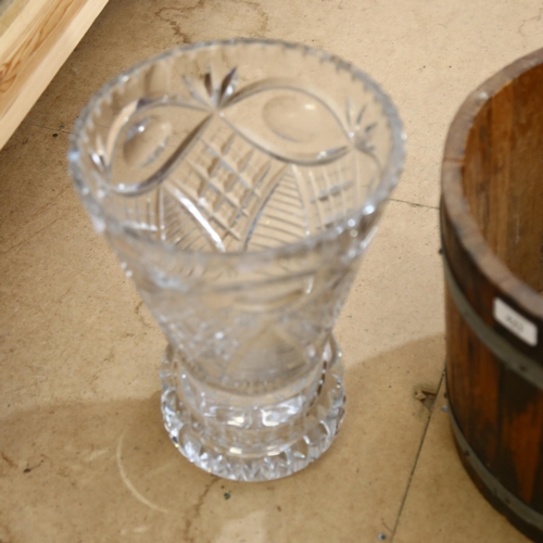 423 - A metal-bound wooden bucket, height 31cm, and a large crystal vase