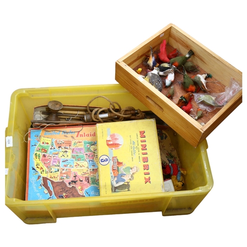 424 - Boxful of Vintage toys, including Diablo, skipping rope, feather birds etc