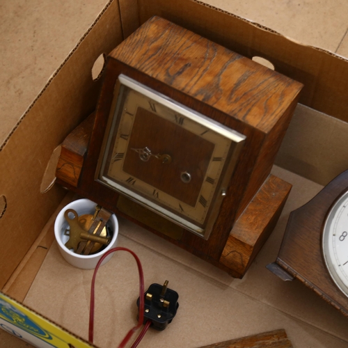 426 - Oak-cased mantel clocks, brass quartz clock etc