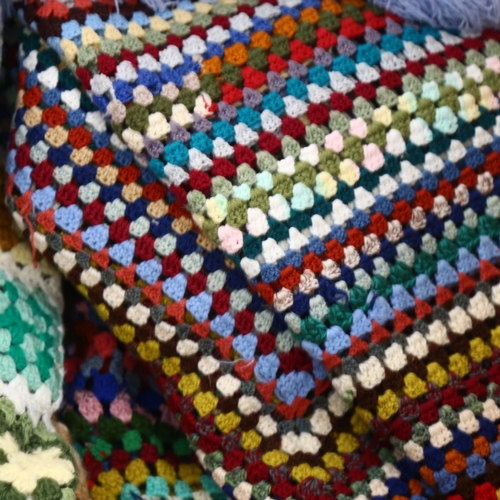 427 - A waffle throw, a crochet wool bedspread and a patchwork crochet throw, 215cm x 150cm