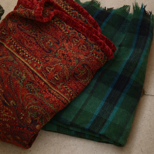 429 - A modern patterned throw, a tartan travel blanket, and a runner, length 124cm, with fleur de lis des... 