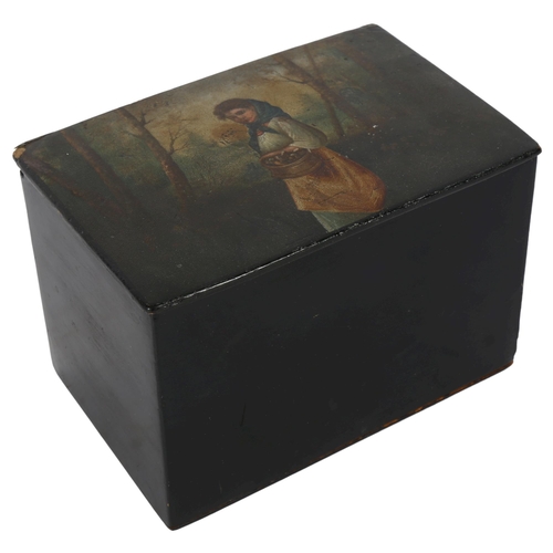 434 - A Russian black lacquer papier mache box, with painted lid, width 15cm