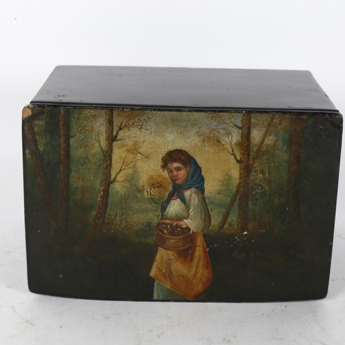 434 - A Russian black lacquer papier mache box, with painted lid, width 15cm