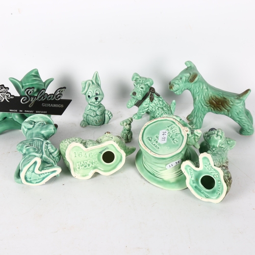 440 - A group of green Sylvac animals and elf, including dog with tennis racket, 2693, 12.5cm