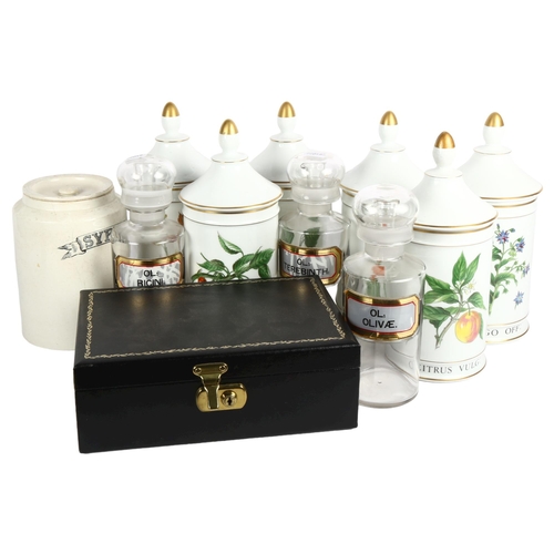 444 - A set of 6 Limoges kitchen storage jars and covers, 26cm, a syrup jar, and 3 glass chemist's jars an... 