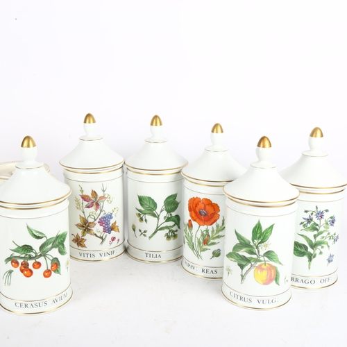 444 - A set of 6 Limoges kitchen storage jars and covers, 26cm, a syrup jar, and 3 glass chemist's jars an... 