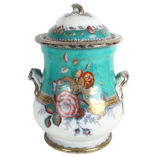 453 - A large Victorian ironstone 2-handled pot and cover, with floral and lustre gilded decoration, 40cm