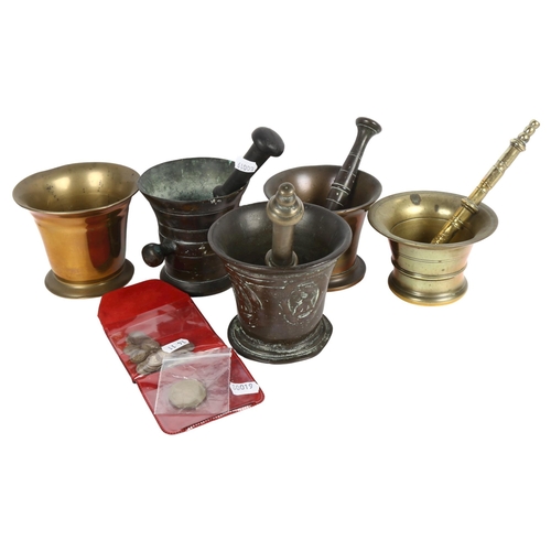 456 - A group of 5 various bronze and brass pestle and mortars, and a small bag of coins