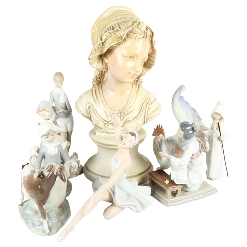 457 - A composition bust of a girl, 44cm, 6 Lladro figures and a Royal Dux ballet dancer