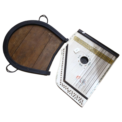 479 - A Vintage table harp, and a horse shoe-shape tea tray with stirrup handles