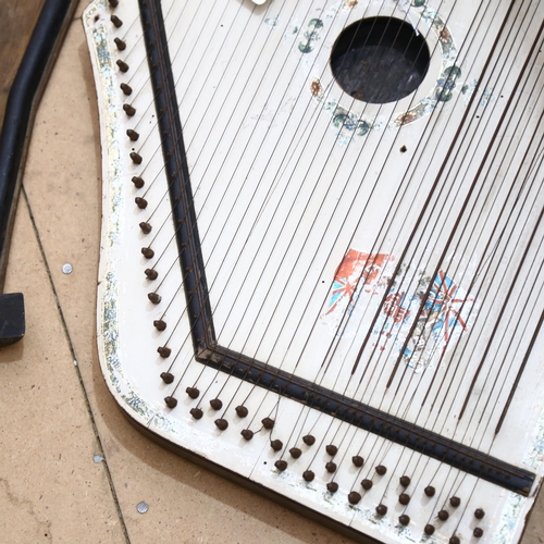 479 - A Vintage table harp, and a horse shoe-shape tea tray with stirrup handles