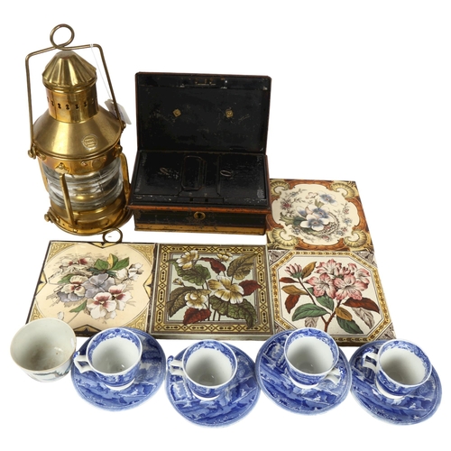 496 - A cash tin, 4 Victorian tiles, Spode coffee ware, and a lantern