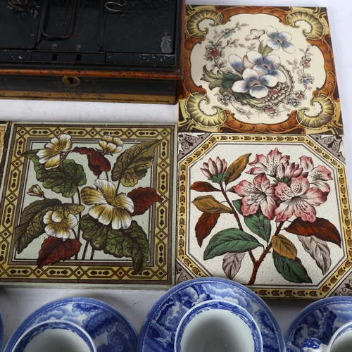 496 - A cash tin, 4 Victorian tiles, Spode coffee ware, and a lantern