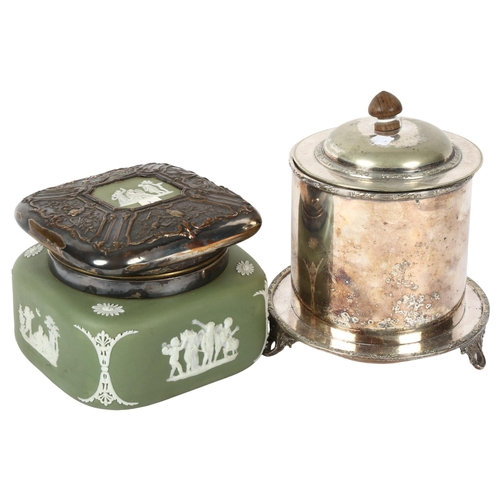 505 - A Harrods silver plated pot and cover, 18cm, and a Wedgwood green Jasperware pot and cover