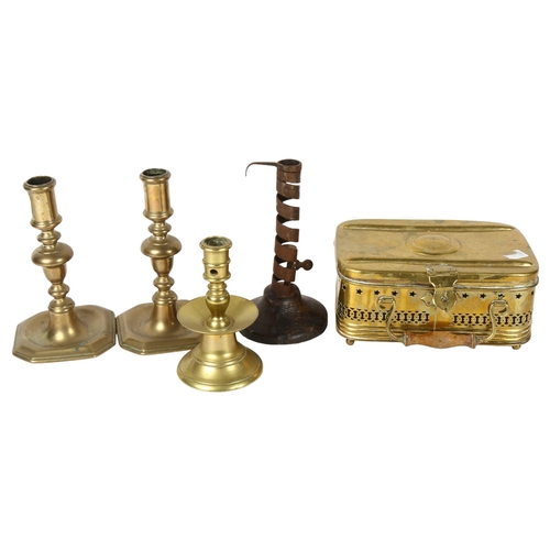 506 - A pair of bronze candlesticks, 18cm, 2 others, and a French brass box with pierced decoration on fee... 