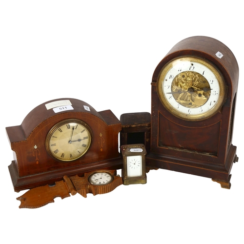 511 - An Antique dome-top mantel clock, 28cm, an inlaid mantel clock, a small brass carriage clock (A/F), ... 