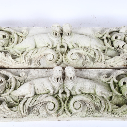 518 - A pair of moulded concrete panels with designs of walruses and scrolled foliate decoration, length 7... 