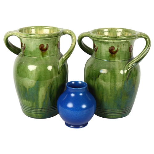 522 - A pair of 2-handled green glaze vases, and a Pilkington's vase