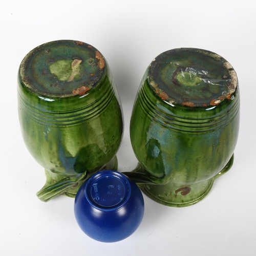 522 - A pair of 2-handled green glaze vases, and a Pilkington's vase