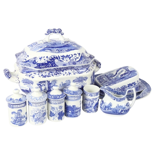 525 - Spode Italian pattern soup tureen, matching cheese dish and jug, Spode spice jars etc