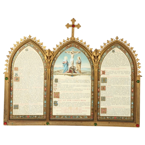 526 - A religious printed triptych in ornate gilt-metal frame, width 50cm