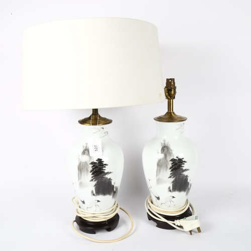 527 - A pair of Japanese porcelain table lamps, with design of mountains and cranes, with matching white s... 