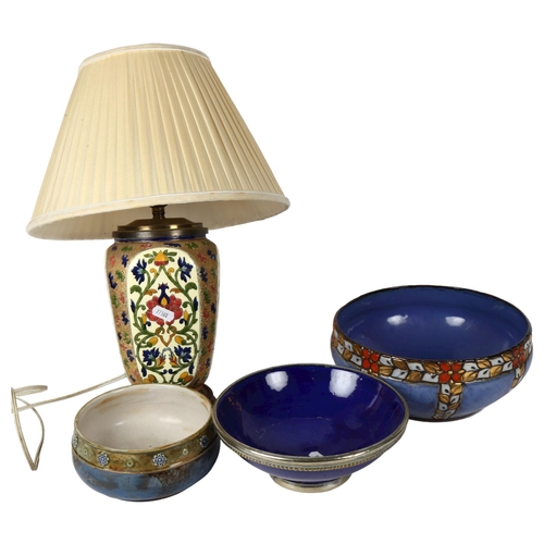 533 - 2 Doulton bowls, largest 25cm, a Continental bowl with white metal mounts, and a ceramic lamp and sh... 