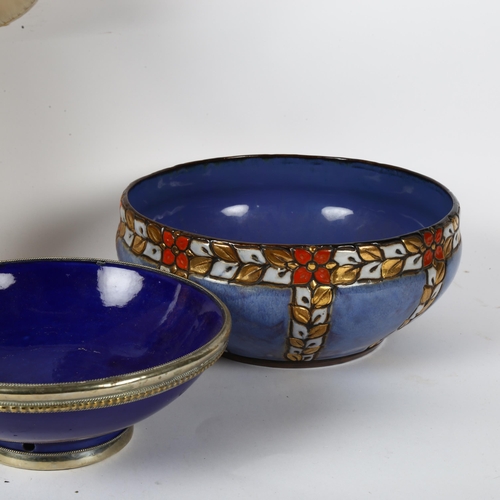 533 - 2 Doulton bowls, largest 25cm, a Continental bowl with white metal mounts, and a ceramic lamp and sh... 