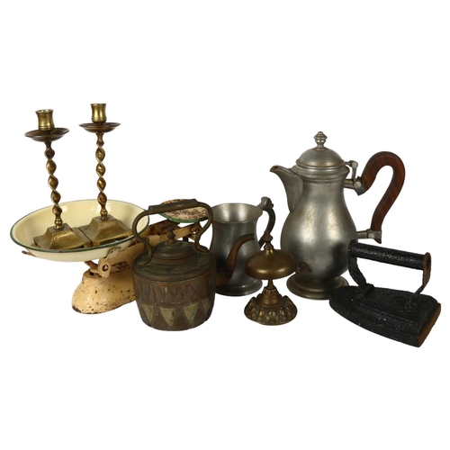 534 - A pair of candlesticks, 20cm, brass desk bell, kitchen scales and weights etc