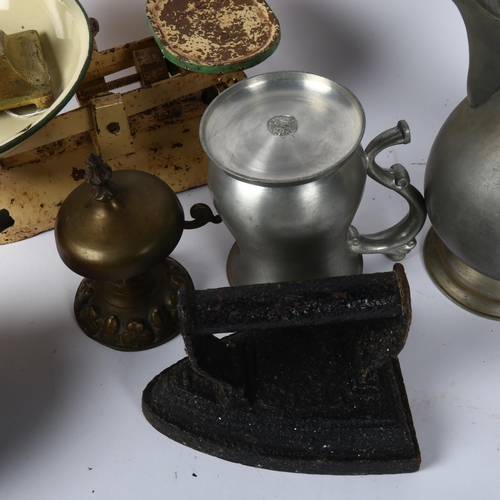 534 - A pair of candlesticks, 20cm, brass desk bell, kitchen scales and weights etc