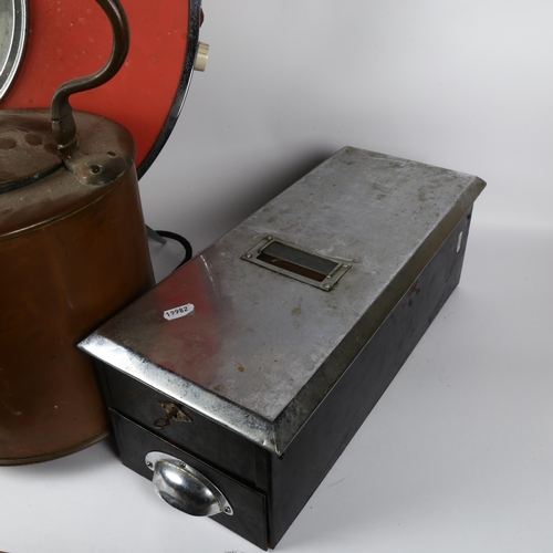 535 - A large copper kettle, a till, a tray stand, brass candlesticks, a Chinese vase, 20cm, with 6 charac... 