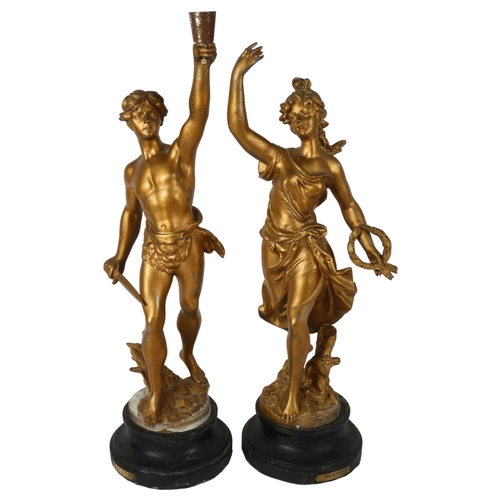 540 - A pair of French gilded spelter figures, Victoire & Glorie after Bruehon, tallest 52cm