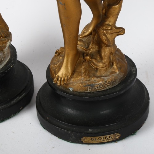 540 - A pair of French gilded spelter figures, Victoire & Glorie after Bruehon, tallest 52cm